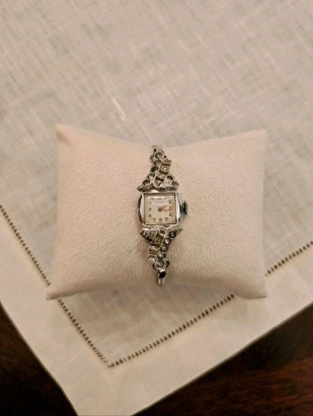 Vintage 40s Cort Art Deco Watch Rhinestone Silver Metal Band Mechanical Mvt Runs